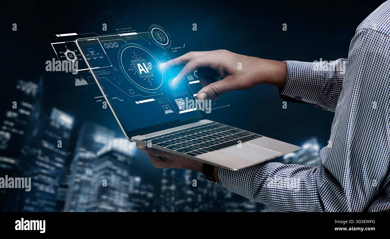 Interface IA montrant comment l'intelligence artificielle alimente les systèmes. IA L'intelligence artificielle transforme les données, permet l'automatisation et l'IA artificielle Banque D'Images