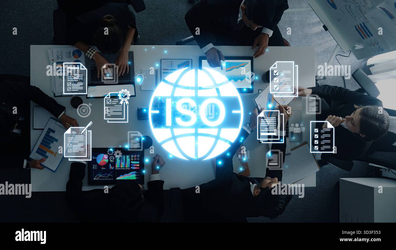 Concept de certification ISO pour la gestion de la qualité des entreprises. Cette norme internationale garantit la conformité, le contrôle des processus et l'assurance pour Banque D'Images