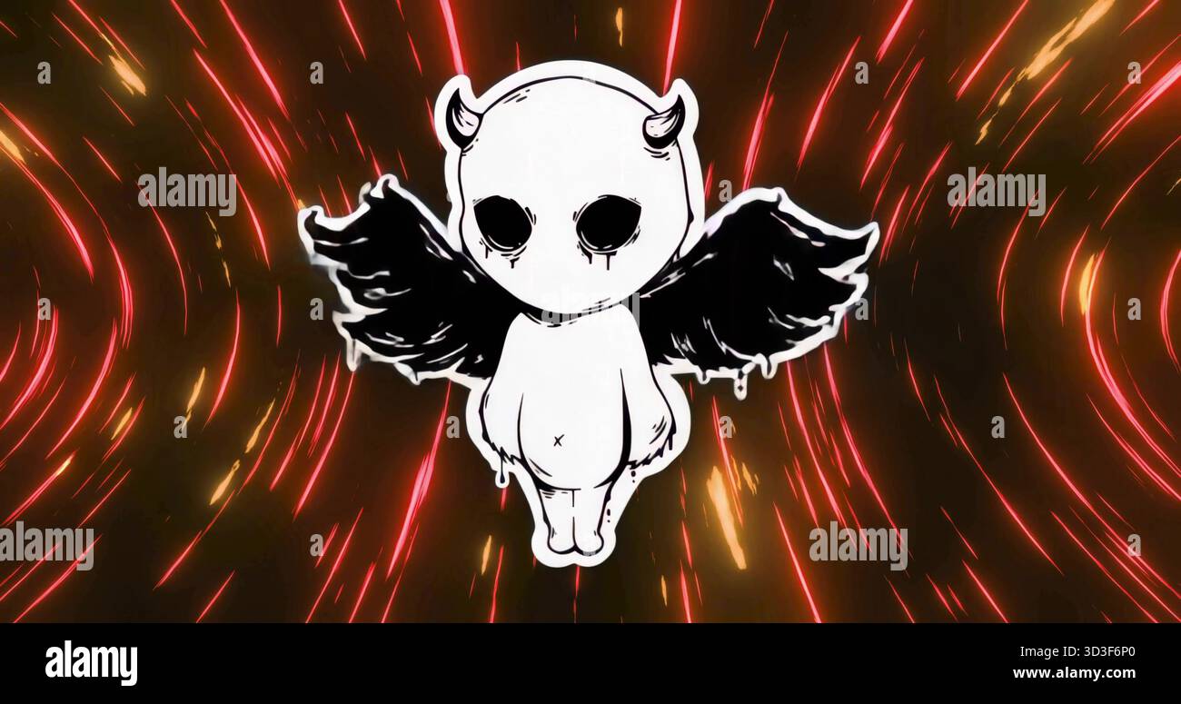 Créature flottante stylisée blanche à cornes dégouttant des ailes noires à l'intérieur d'un vortex néon, stries orange rouge Banque D'Images