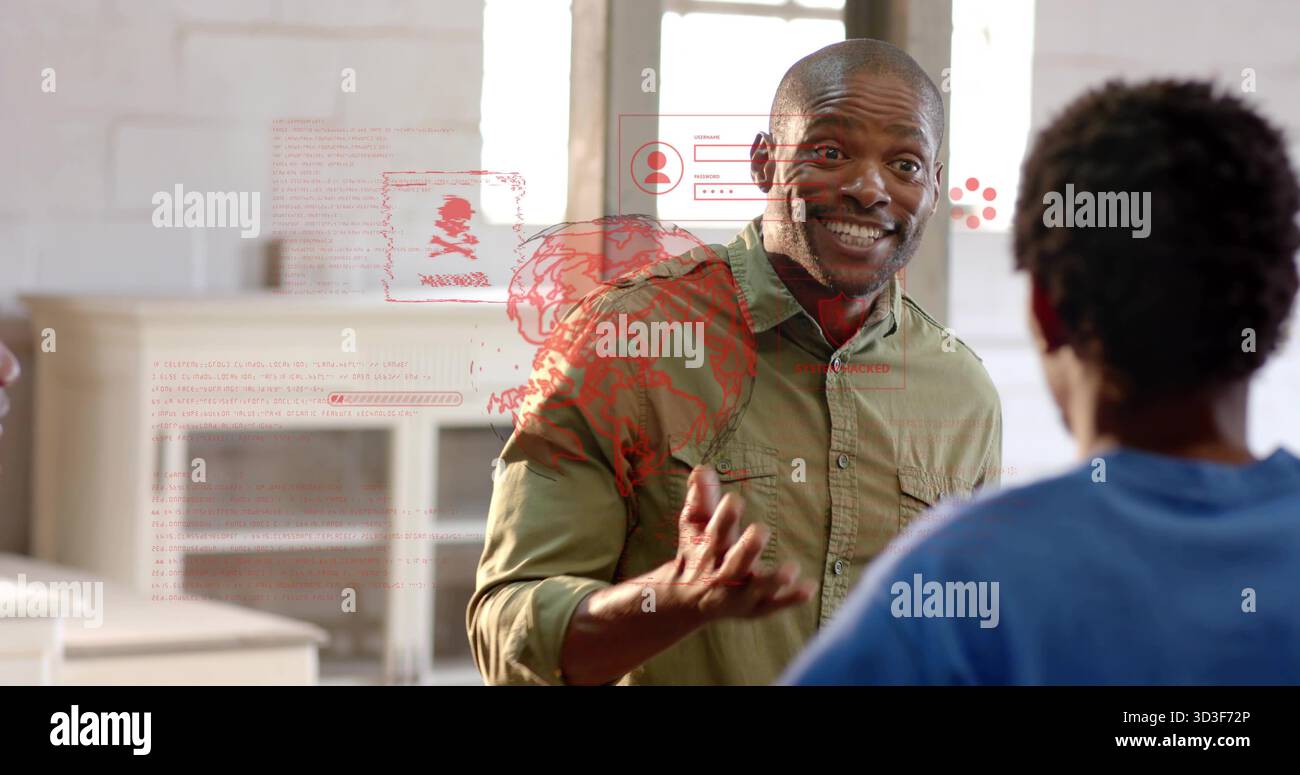 Geste mâle noir en chemise vert olive parlant à la réunion de bureau avec superposition holographique rouge Banque D'Images