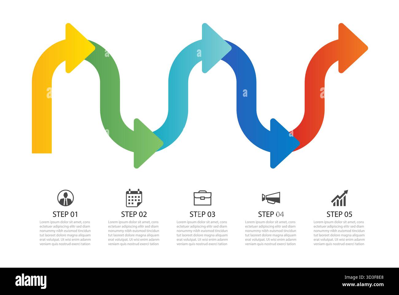 Infographie de l'étape de la chronologie de la flèche colorée processus métier 5. Illustration de Vecteur