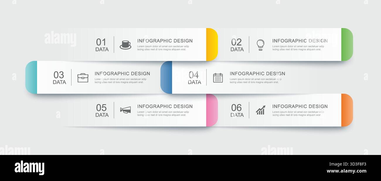 Modèle d'infographie de timeline moderne avec 6 étapes colorées. Illustration de Vecteur