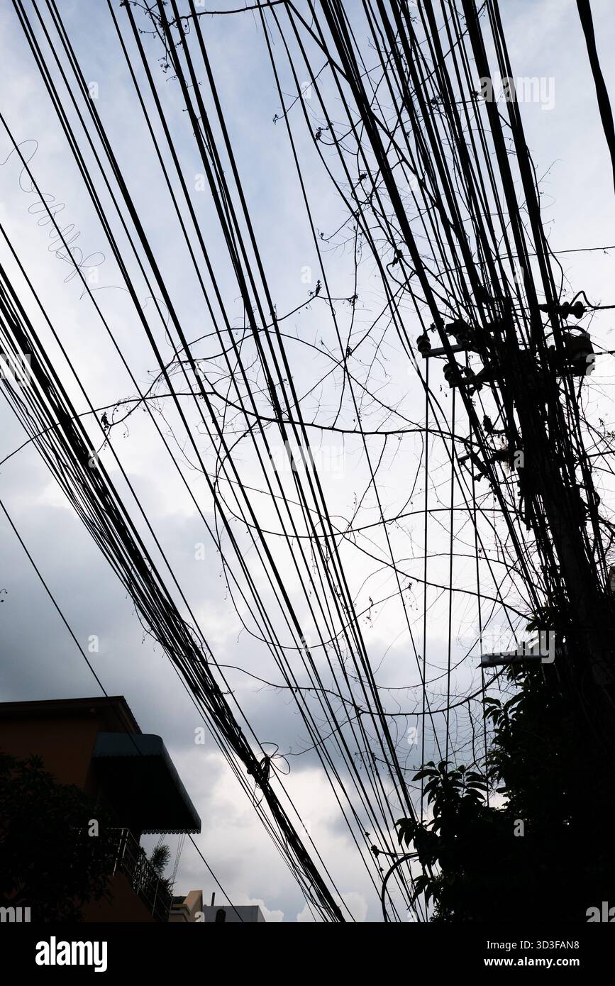 Silhouette de fils électriques désordonnés, fils de communication, et branche d'arbre sur le ciel bleu à Bangkok, Thaïlande Banque D'Images
