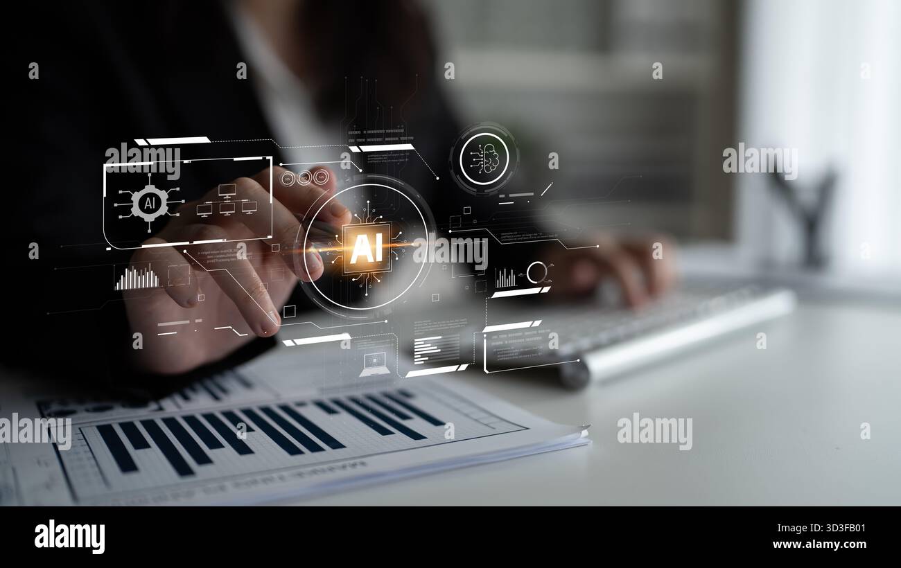 Interface IA montrant comment l'intelligence artificielle alimente les systèmes. IA L'intelligence artificielle transforme les données, permet l'automatisation et l'IA artificielle Banque D'Images