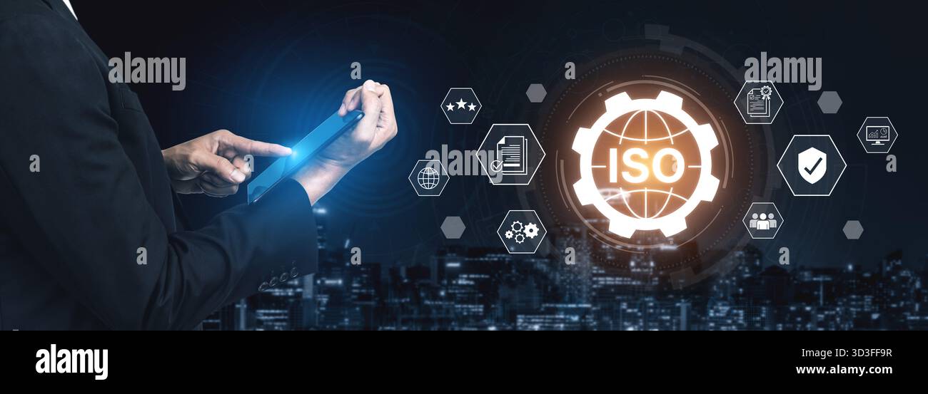 Concept de certification ISO pour la gestion de la qualité des entreprises. Cette norme internationale garantit la conformité, le contrôle des processus et l'assurance pour Banque D'Images