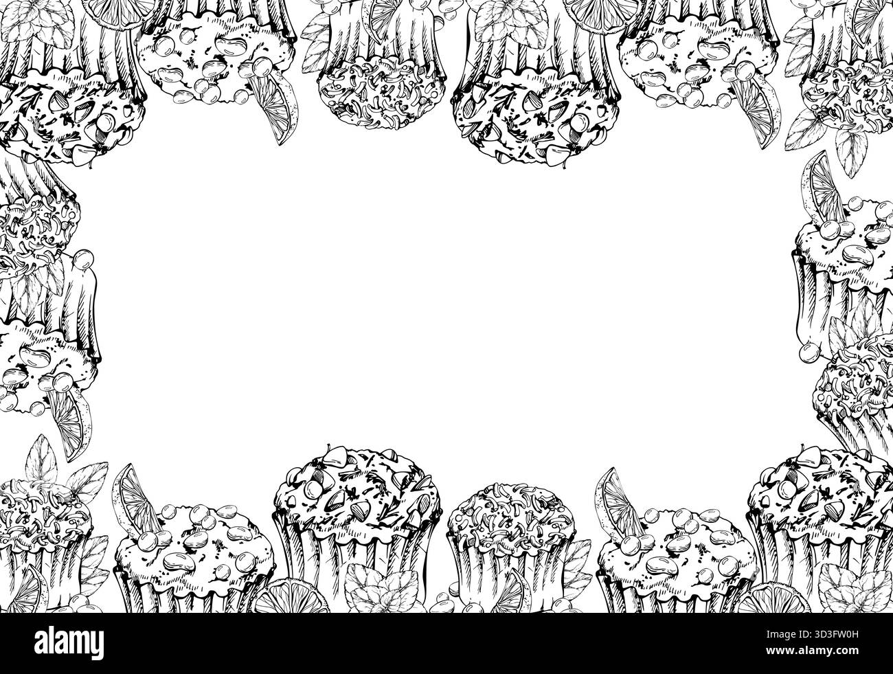 Muffins aux pépites de chocolat, cupcakes aux branches de menthe, saupoudrées de sucre, tranches d'orange et dragées de bonbons. Dessiné à la main à l'encre vectorielle. Dessert isolé Illustration de Vecteur