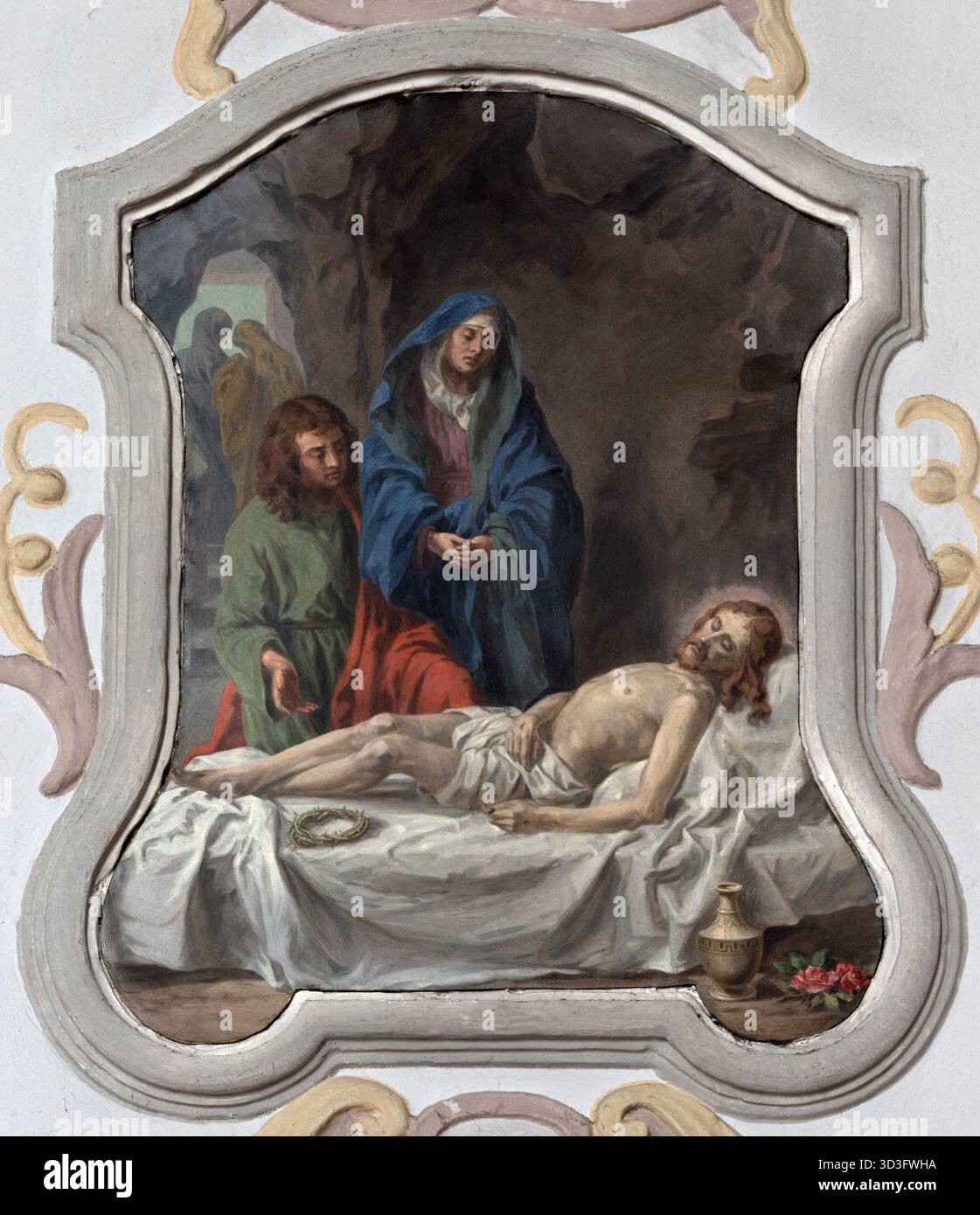 BAD REICHENHALL, ALLEMAGNE - 8 SEPTEMBRE 2025 : la peinture Lamentation sur le Christ mort (une partie de croix) dans l'église de Johannes Spitalkirche Banque D'Images