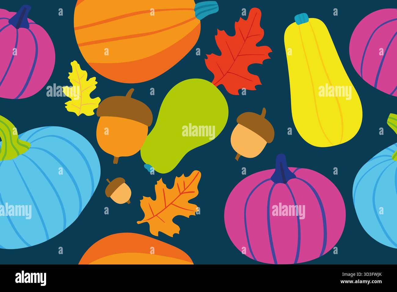 Un arrangement lumineux de citrouilles, de glands et de feuilles colorées met en valeur la beauté de l'automne. Les couleurs vives améliorent l'ambiance festive, parfait pour Banque D'Images
