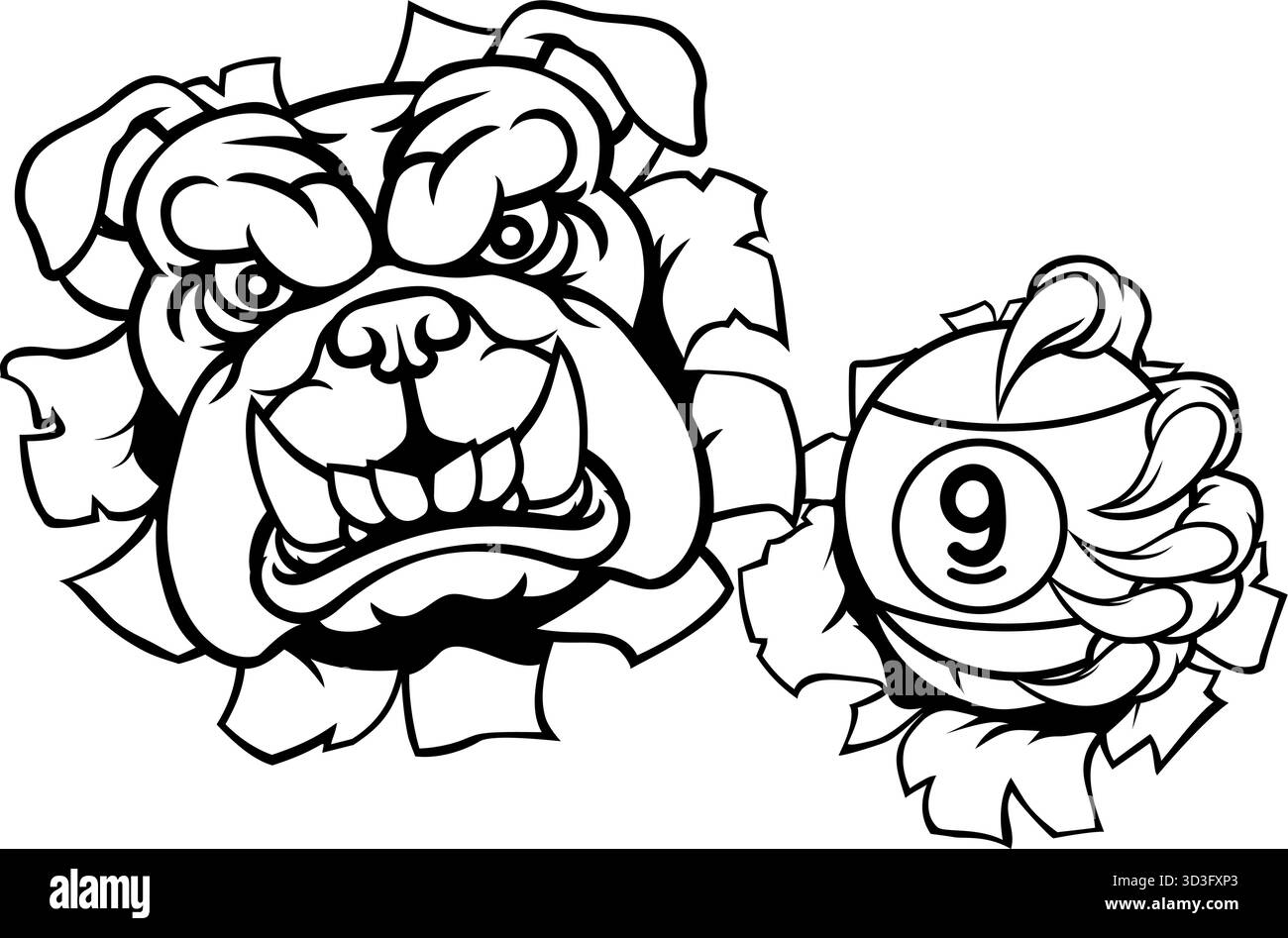 Mascotte de dessin animé de Bulldog et 9 Ball Nine Ball Pool Illustration de Vecteur