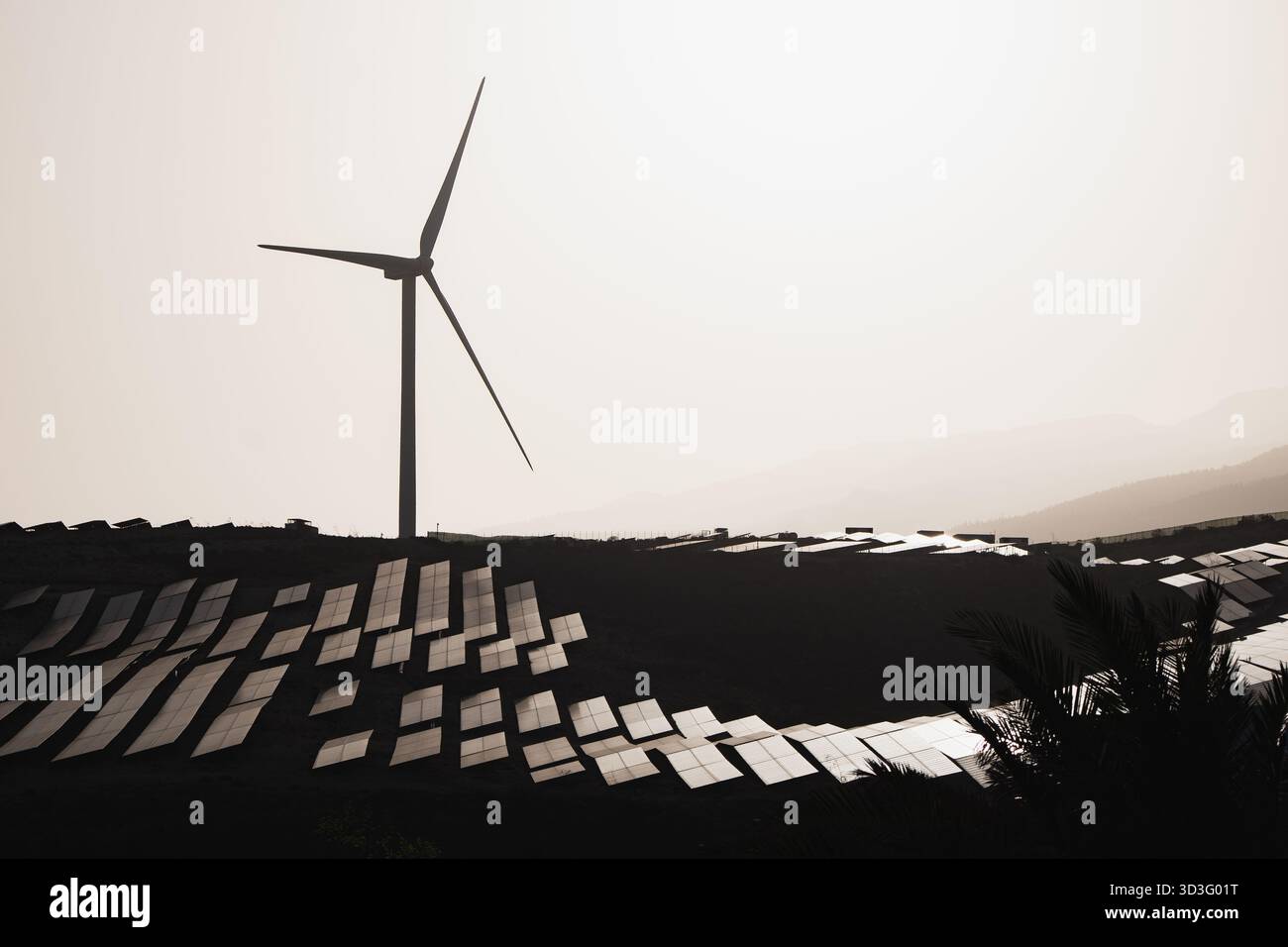 Un paysage serein présentant une grande éolienne complétée par des rangées de panneaux solaires, symbolisant la transition vers les énergies renouvelables et le développement durable Banque D'Images
