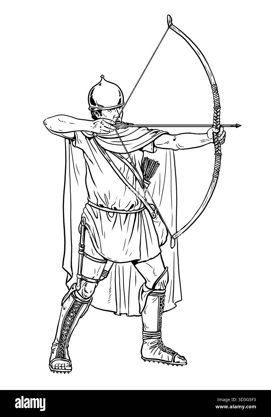 Archer grec antique dans la bataille. Dessin historique. Banque D'Images