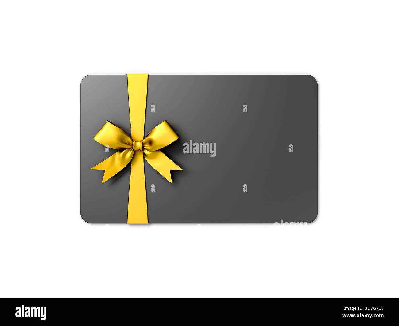Carte-cadeau noir vierge ou chèque-cadeau avec noeud de ruban d'or isolé sur fond blanc avec rendu 3D de concept minimal d'ombre Banque D'Images