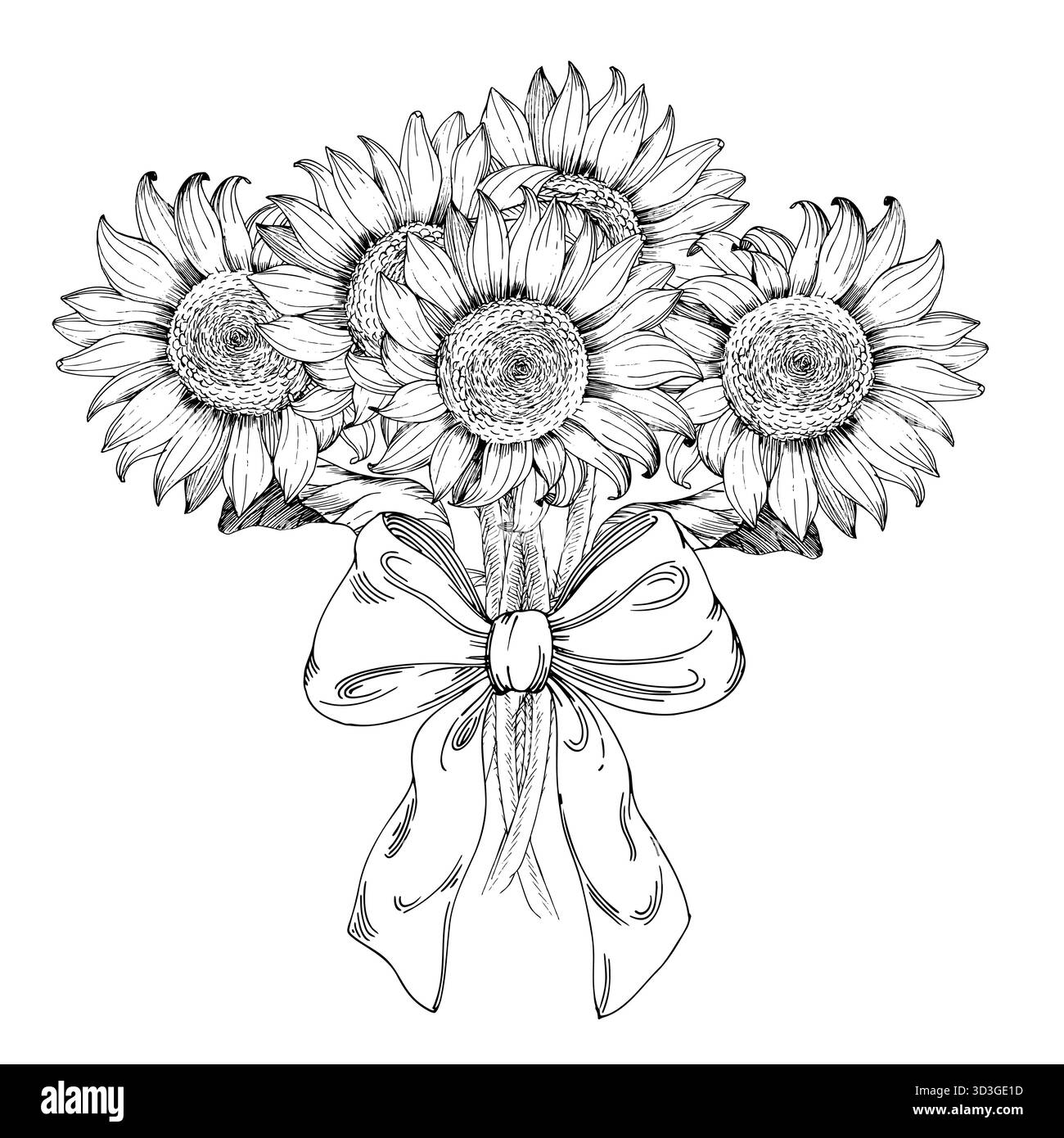 Bouquet de tournesols avec un arc. Illustration faite à la main style encre vectorielle. Pour la conception d'emballage, les cartes, la couverture, les impressions, les étiquettes de produits et le tissu. Illustration de Vecteur