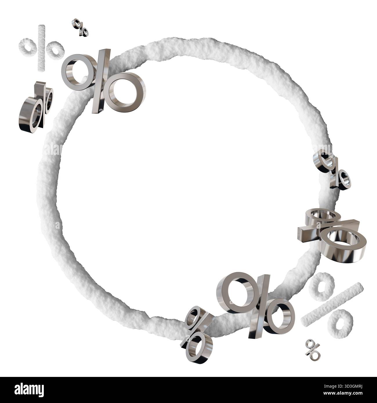 Cette conception comprend un cadre de cercle de neige 3D entouré de panneaux de rabais métalliques. Il est idéal pour présenter des offres spéciales lors d'événements d'hiver ou Banque D'Images