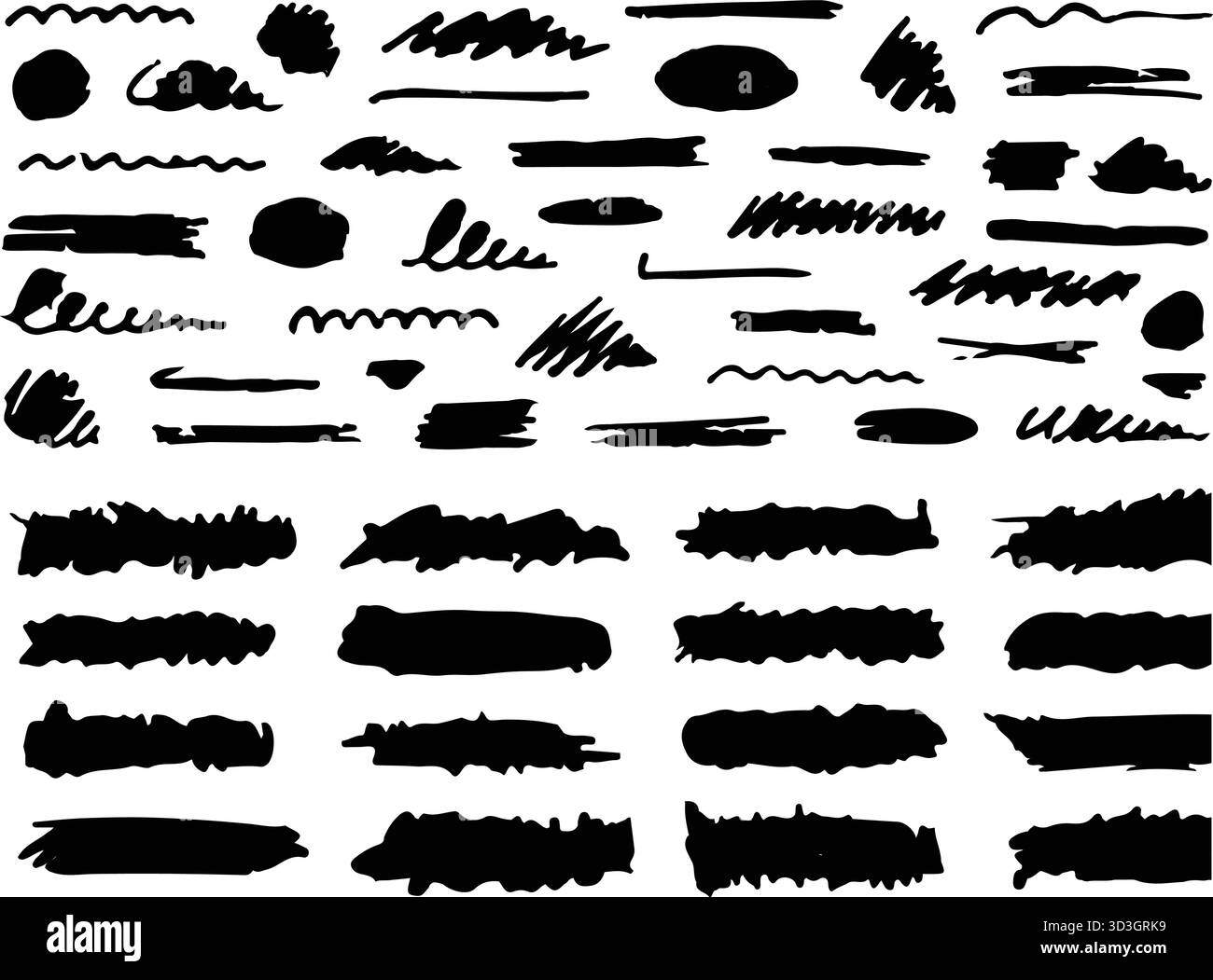 Mega Pack de textures et de lignes dessinées à la main : traits de crayon crayon, lignes de croquis à la craie, soulignements granuleux au fusain et traceurs de marqueur de peinture noire pour Illustration de Vecteur