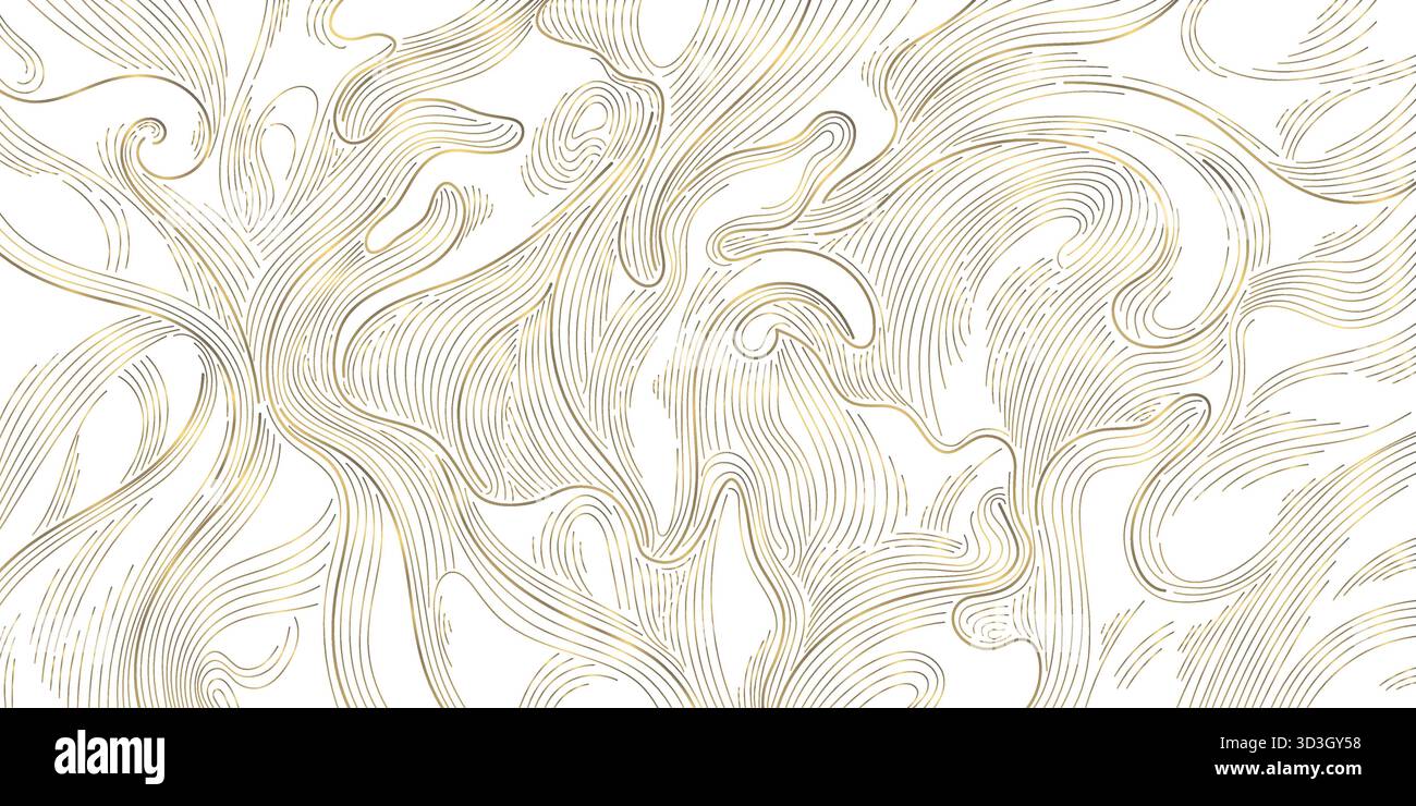 Modèle de ligne d'or abstrait de vecteur élégant, topographie asiatique, montagnes, rivières, contours naturels, design moderne et luxueux. Arrière-plans, fonds d'écran Illustration de Vecteur