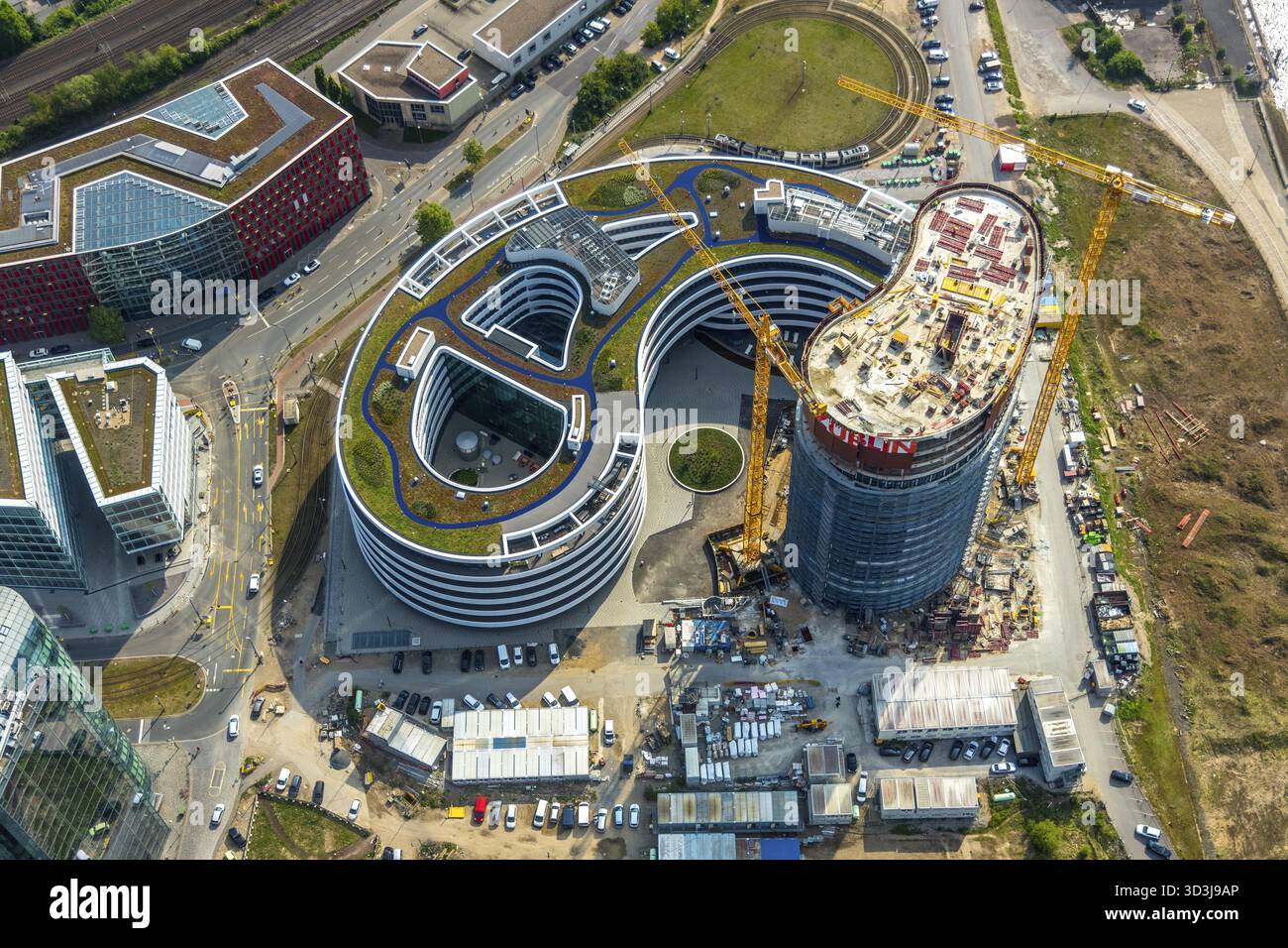 Vue aérienne du chantier du siège de trivago aux portes du port média de Duesseldorf à Duesseldorf dans le quartier III de la RH Banque D'Images