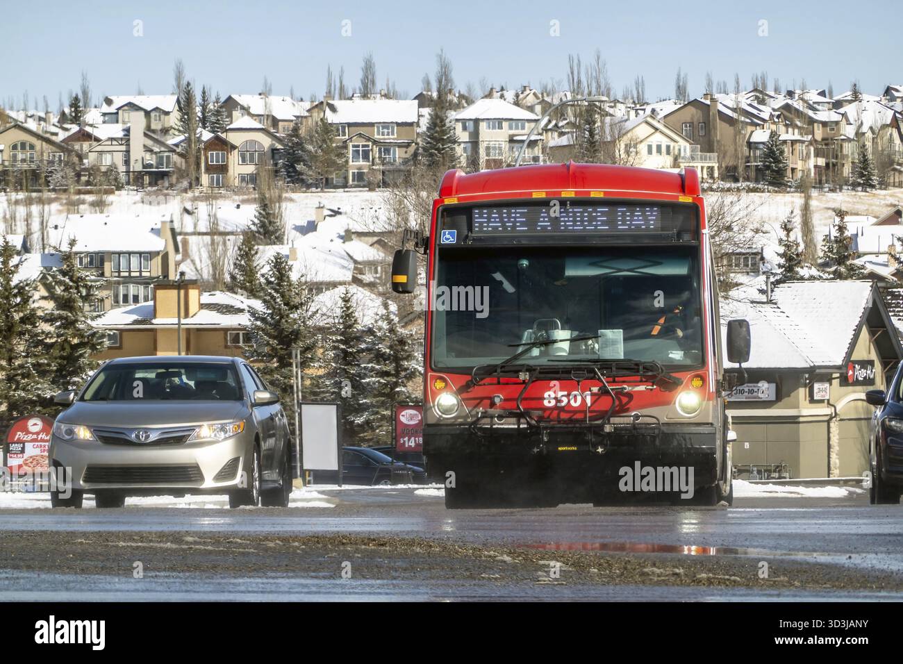 Calgary, Alberta, Canada. 23 mars 2025. Un autobus rouge Calgary transit, avec HAVE A NICE DAY sur son écran, voyage sur une rue enneigée, flanquée d’une argentée Banque D'Images