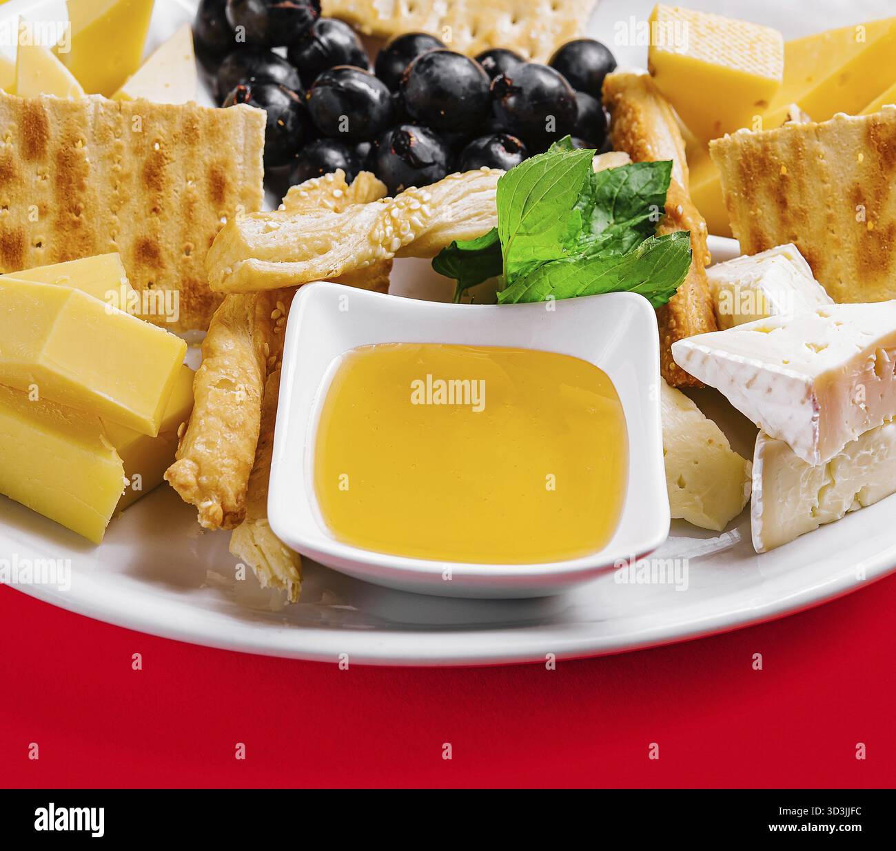 Nourriture, différents types de fromage sur une assiette blanche Banque D'Images