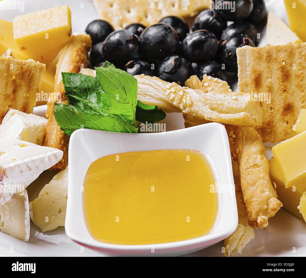 Nourriture, différents types de fromage sur une assiette blanche Banque D'Images