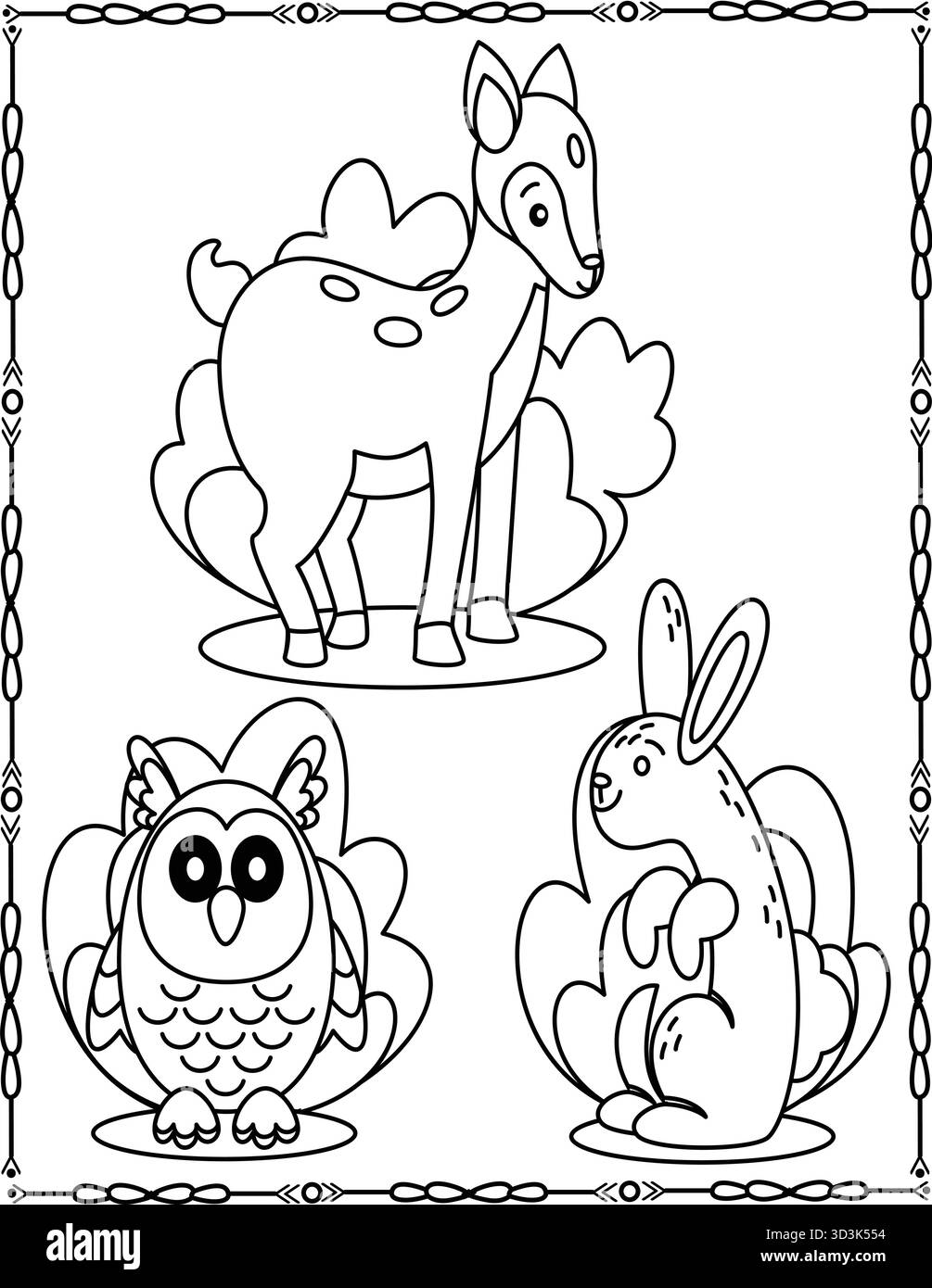 Mignon Forest Animals Line Art. Coloriage Deer, Owl et Rabbit pour les enfants. Illustration de Vecteur