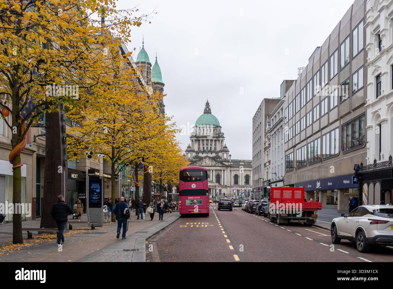 Vue d'une rue principale faisant face à l'hôtel de ville de Belfast, Irlande du Nord, Royaume-Uni. Banque D'Images