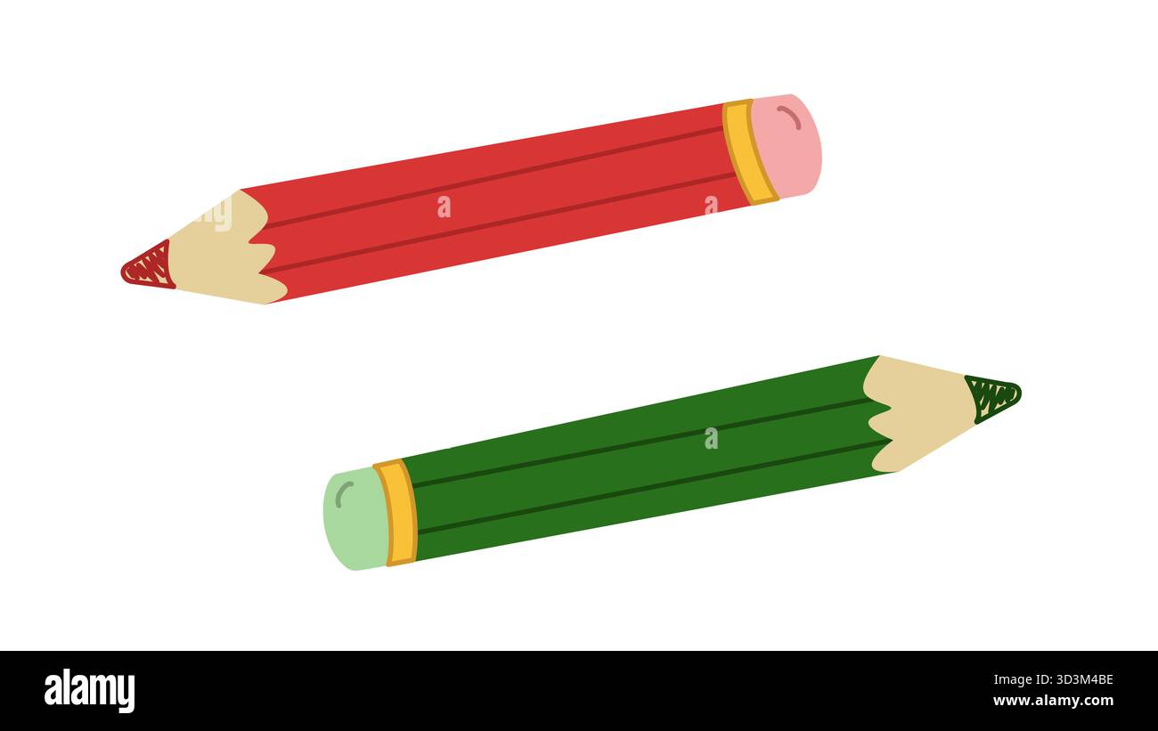 Crayons de couleur isolés sur un fond blanc. Crayons rouges et verts. Illustration de Vecteur