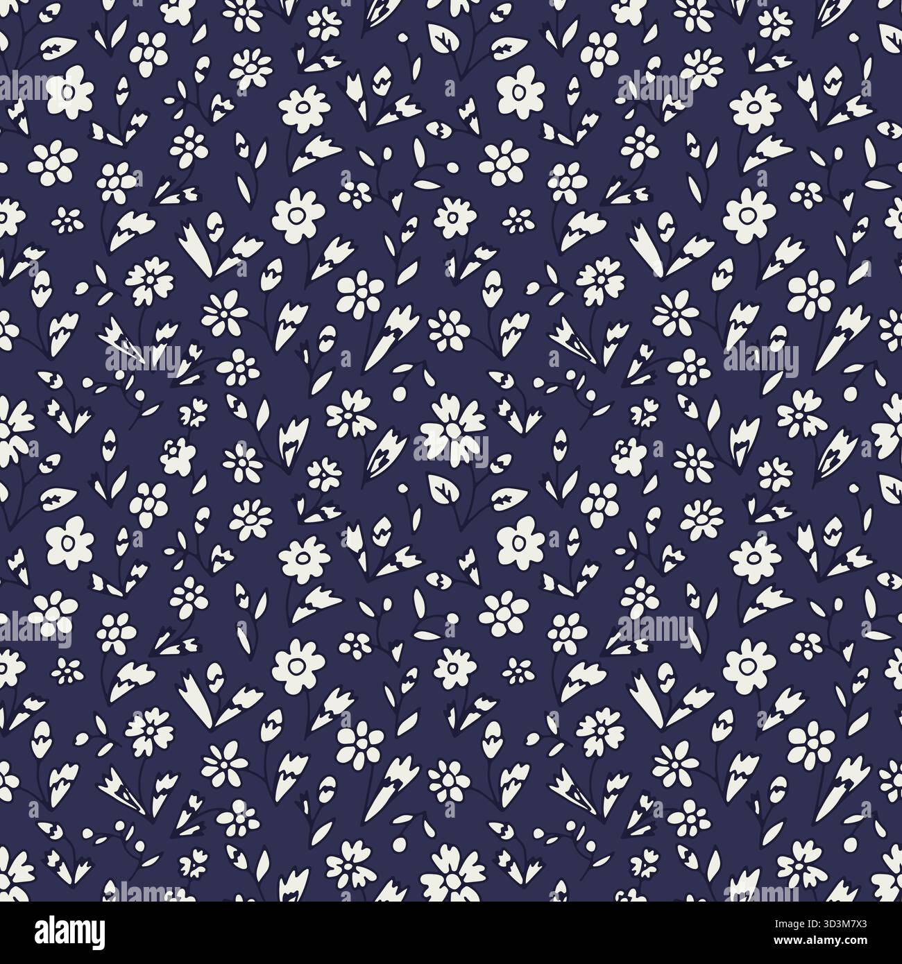 Monochrome noir et blanc Ditsy floral motif sans couture. Toile de fond vintage dessinée à la main avec de minuscules fleurs. Texture Cottagecore Illustration de Vecteur