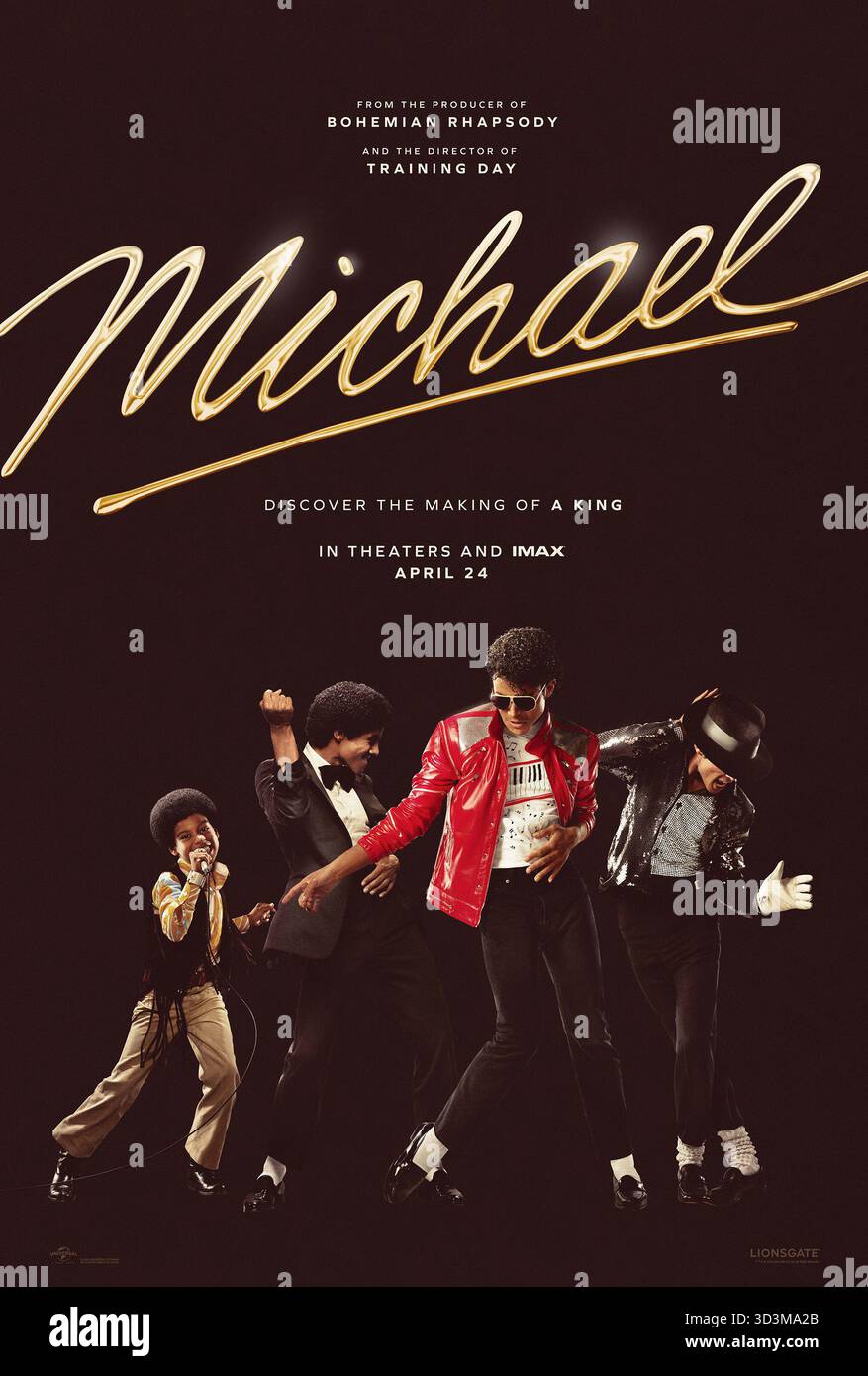 DATE DE SORTIE : 24 avril 2026 TITRE : Michael STUDIO : Lionsgate RÉALISATEUR : Antoine Fuqua INTRIGUE : L'histoire du célèbre musicien Michael Jackson, connu sous le nom de Roi de la Pop. EN VEDETTE : JULIANO KRUE Valdi dans le rôle du jeune Michael Jackson et JAAFAR JACKSON dans le rôle de Michael Jackson. UTILISATION ÉDITORIALE UNIQUEMENT ! Non destiné à UN USAGE commercial ! Banque D'Images
