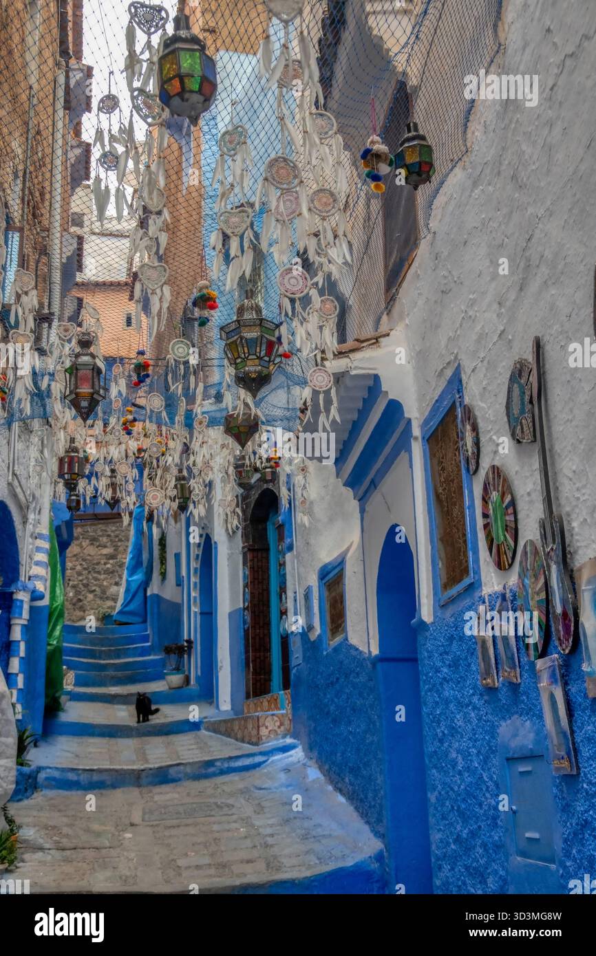 Ruelle bleue et blanche à Chefchaouen, au Maroc, est fortement décorée. De nombreux attrapeurs de rêves blancs et des lanternes marocaines colorées pendent au-dessus de vous, de la créatine Banque D'Images