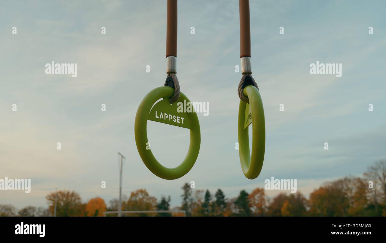 Équipements d'entraînement d'anneaux de gymnastique en plein air, barres d'entraînement de fitness au parc sportif, concept d'exercice de style de vie actif sain, str de fitness extérieur moderne Banque D'Images