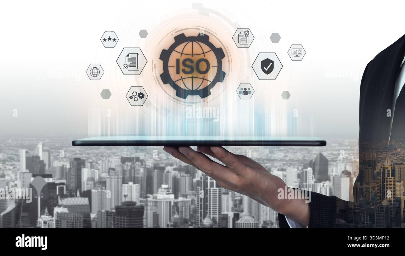 Concept de certification ISO pour la gestion de la qualité des entreprises. Cette norme internationale garantit la conformité, le contrôle des processus et l'assurance pour Banque D'Images
