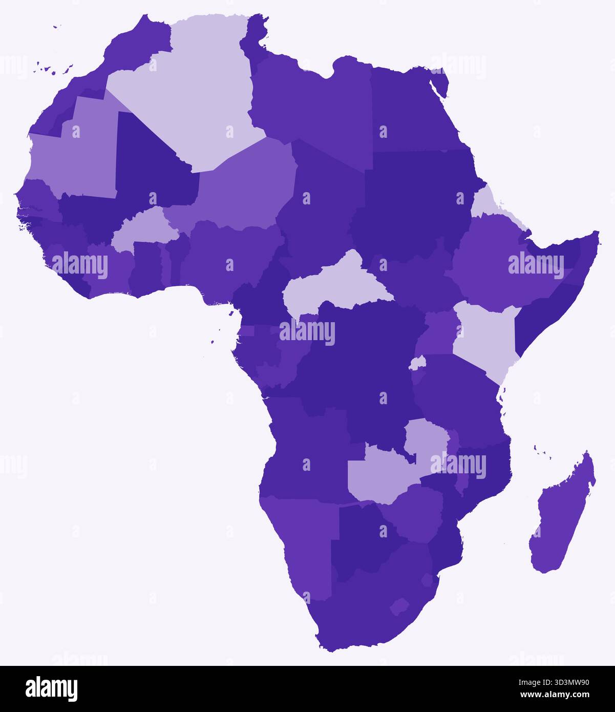 Carte de l'Afrique avec les pays. Une carte simple des frontières du continent avec les divisions des pays. Palette de couleurs violet foncé. Illustration de Vecteur