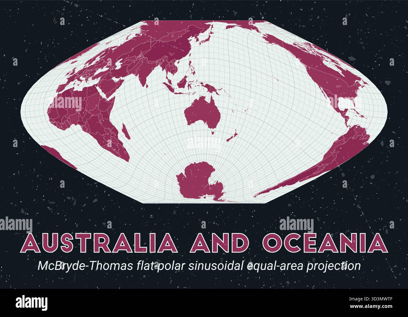 Australie et Océanie. Carte du monde. Projection sinusoïdale plate-polaire de McBryde-Thomas à aire égale centrée sur l'Australie et l'Océanie. Illustration de Vecteur