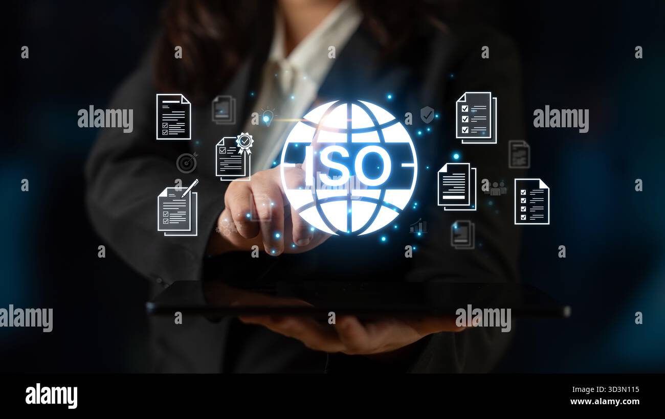 Concept de certification ISO pour la gestion de la qualité des entreprises. Cette norme internationale garantit la conformité, le contrôle des processus et l'assurance pour Banque D'Images