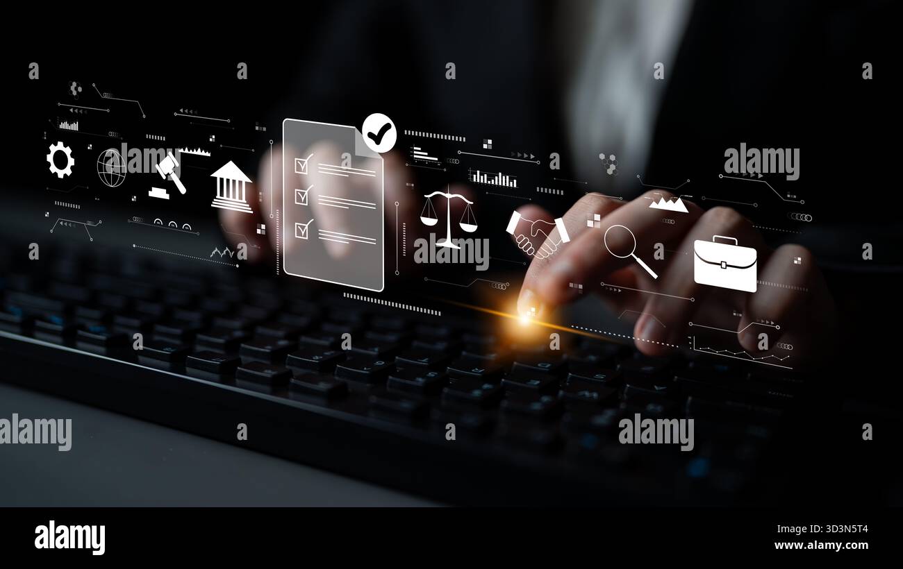 Processus visant à assurer la conformité réglementaire et à finaliser les accords juridiques commerciaux. Concept de respect des normes, de diligence raisonnable et de contrats Banque D'Images