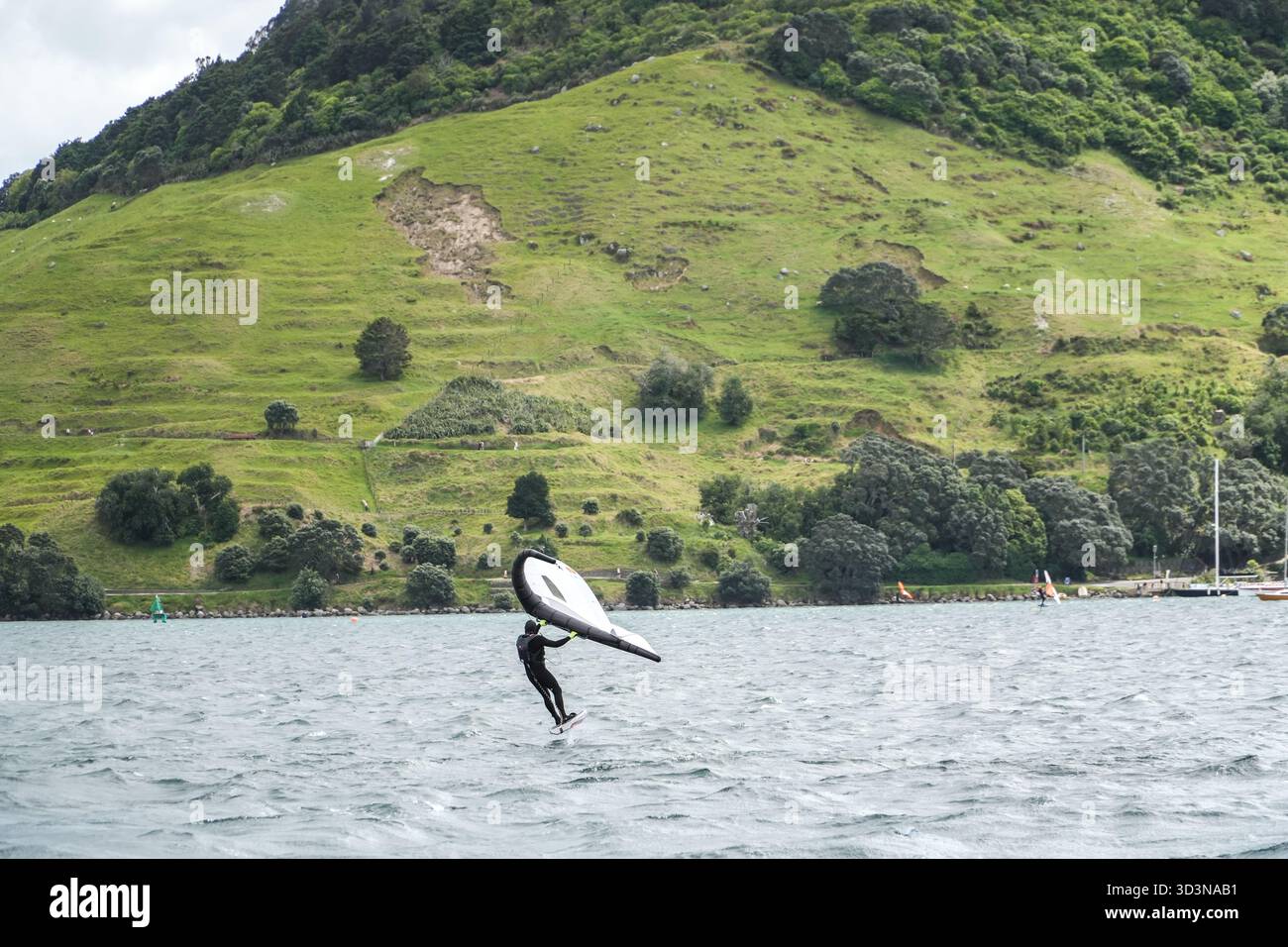 Voilure. Une personne sur une planche d'hydroptère tient une aile gonflable tout en roulant sur l'eau avec les pentes vertes du mont Maunganui dans l'arrière-pays Banque D'Images