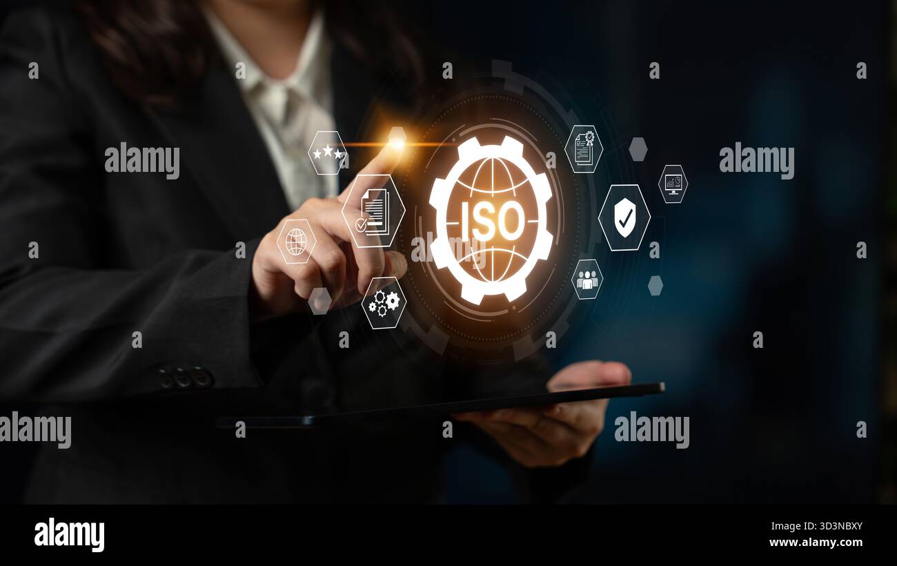 Concept de certification ISO pour la gestion de la qualité des entreprises. Cette norme internationale garantit la conformité, le contrôle des processus et l'assurance pour Banque D'Images