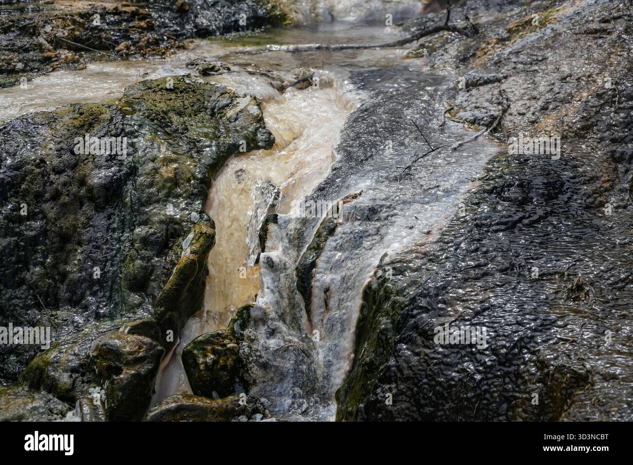 Le parc géothermique d'Orakei Korako présente un flux vibrant d'eau chaude riche en minéraux qui coule sur des formations rocheuses aux couleurs distinctives en Nouvelle-Zélande. Banque D'Images