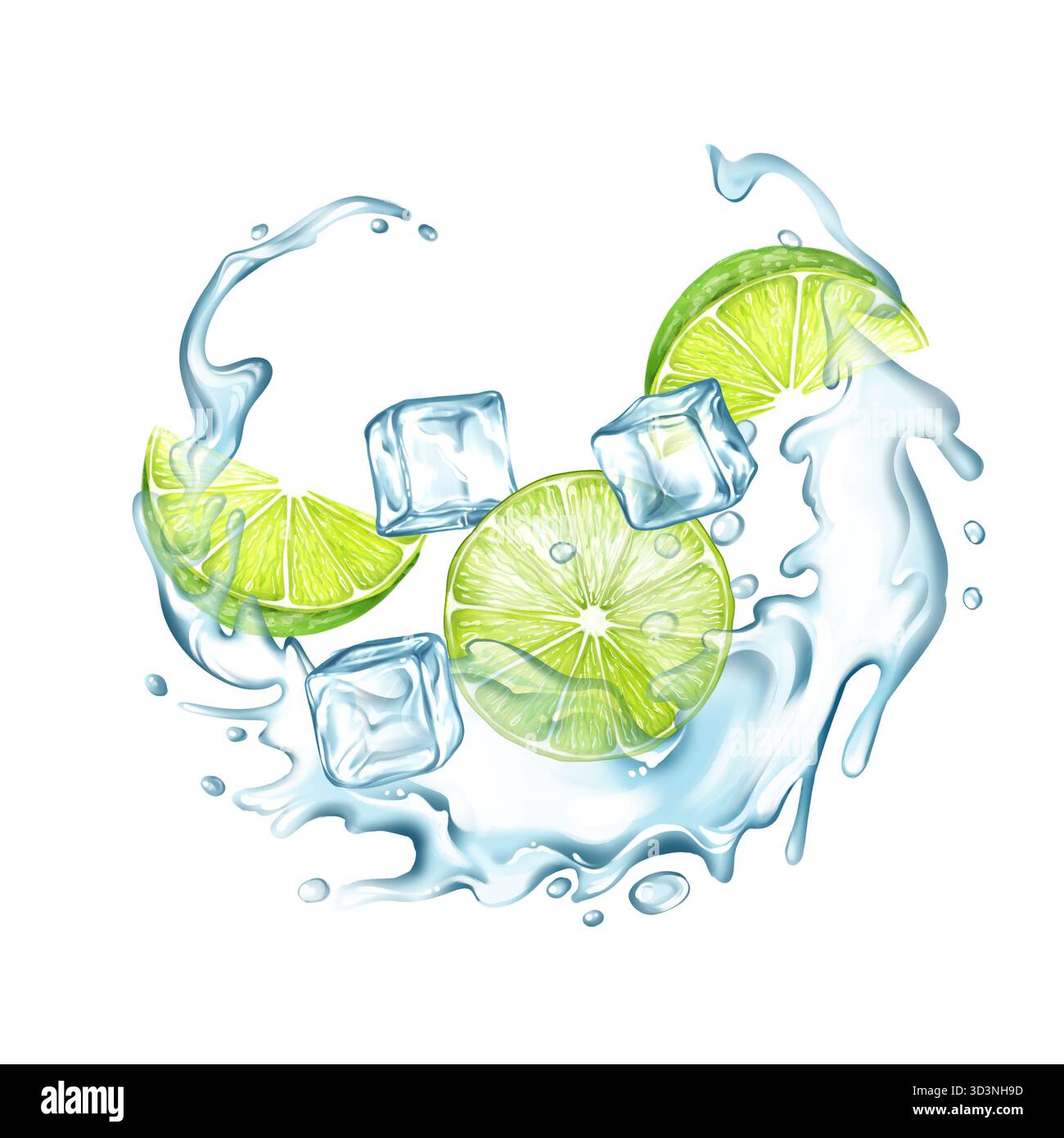 Citron vert avec éclaboussures d'eau glacée et glaçons. Illustration de fruits Banque D'Images