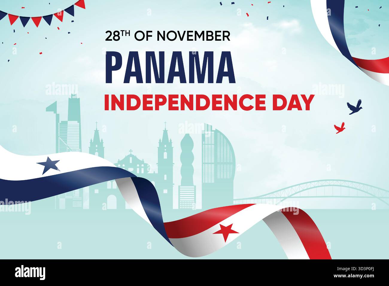 Panama drapeau ondulant sur fond de Skyline. Illustration vectorielle de conception de concept de jour de l'indépendance. Illustration de Vecteur