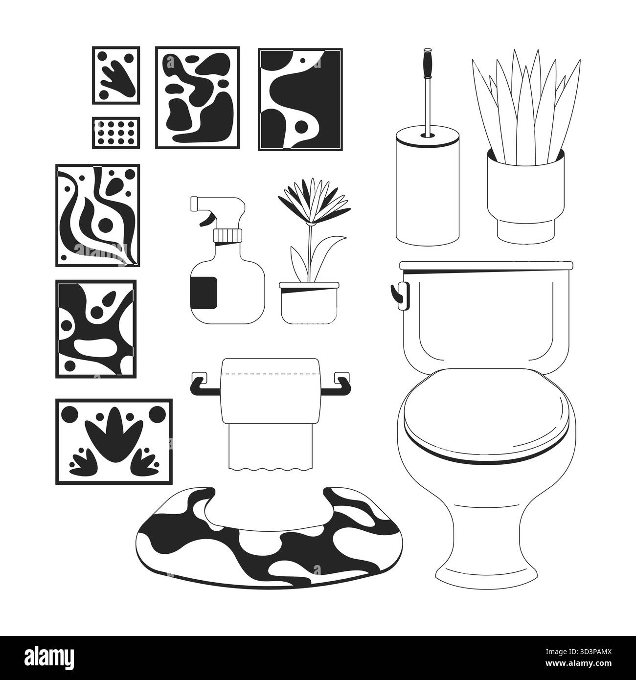 Ensemble d'objets de ligne 2D décor de toilette éclectique confortable Illustration de Vecteur