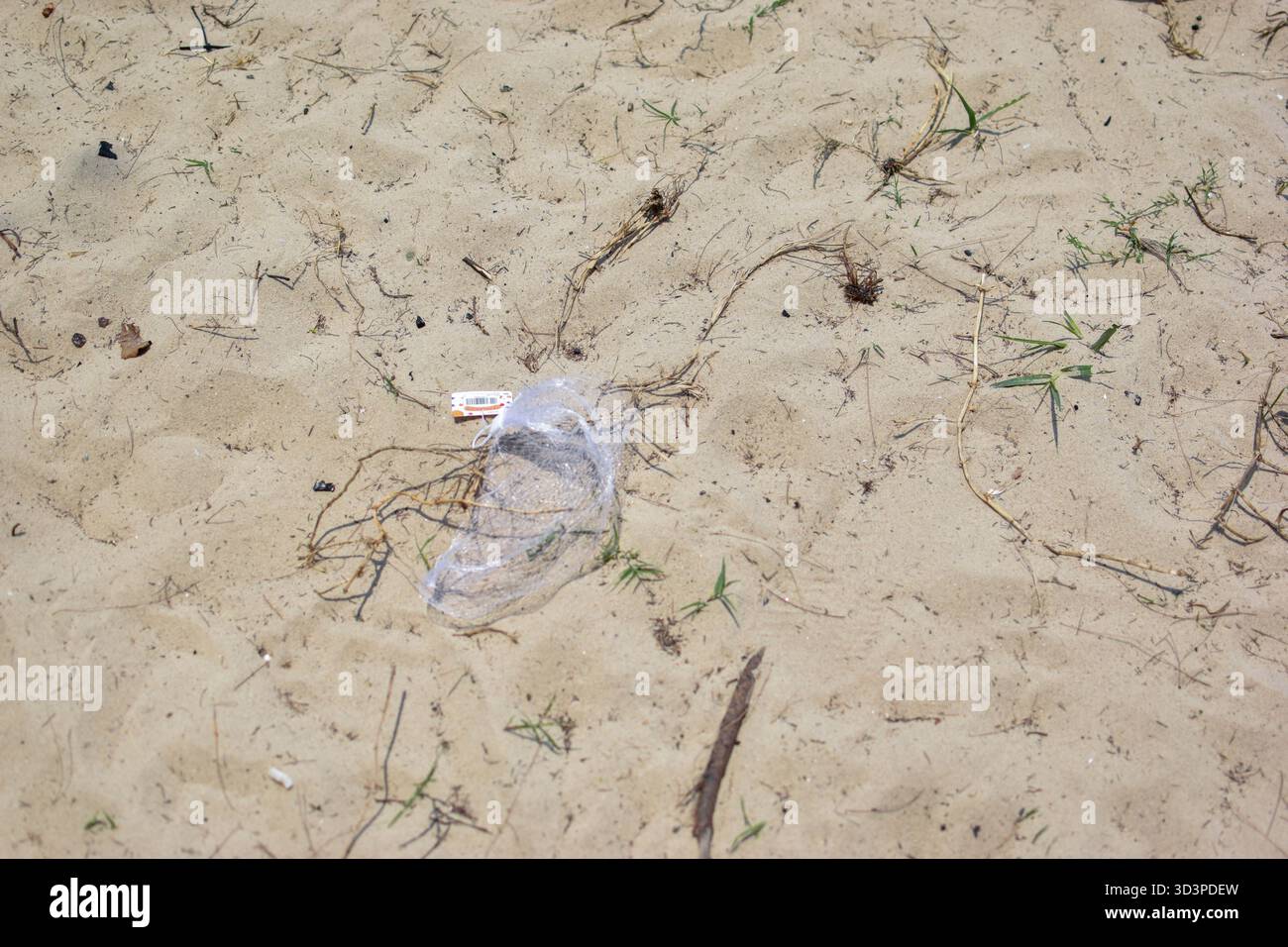 La bouteille en plastique jetée sur un terrain sablonneux met en évidence l'impact humain et la pollution dans les environnements naturels, menaçant les écosystèmes et la faune. Banque D'Images