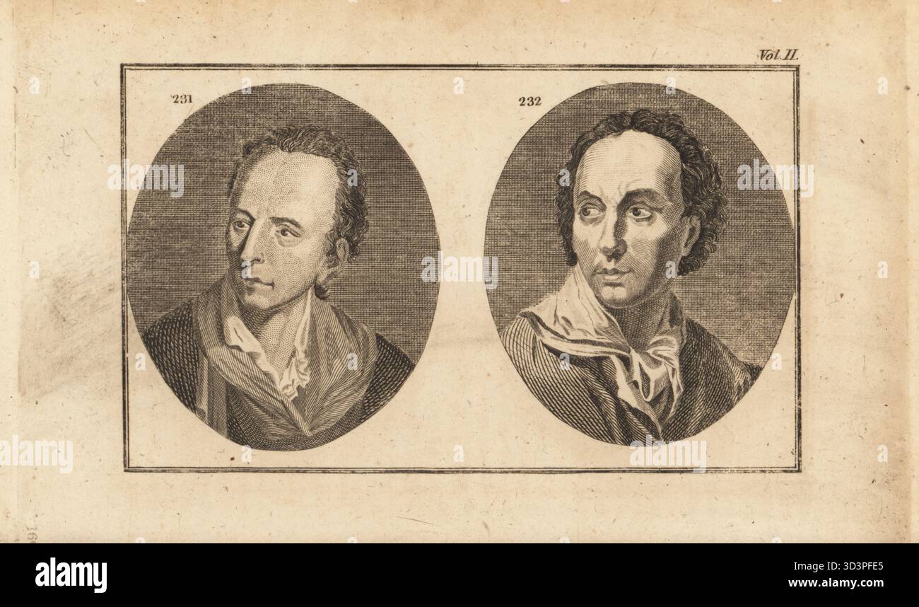 L'écrivain et historien allemand Johann Just Winckelmann, portrait d'Angelika Kauffmann, 1620-1699, et le peintre allemand Anton Raphael Mengs, autoportrait, 1728-1779. Gravure sur cuivre par John Barlow de The Whole Works of Lavater de John Grenville sur Physiognomy, W. Butters, W. Simmonds, Londres, 1797. Banque D'Images