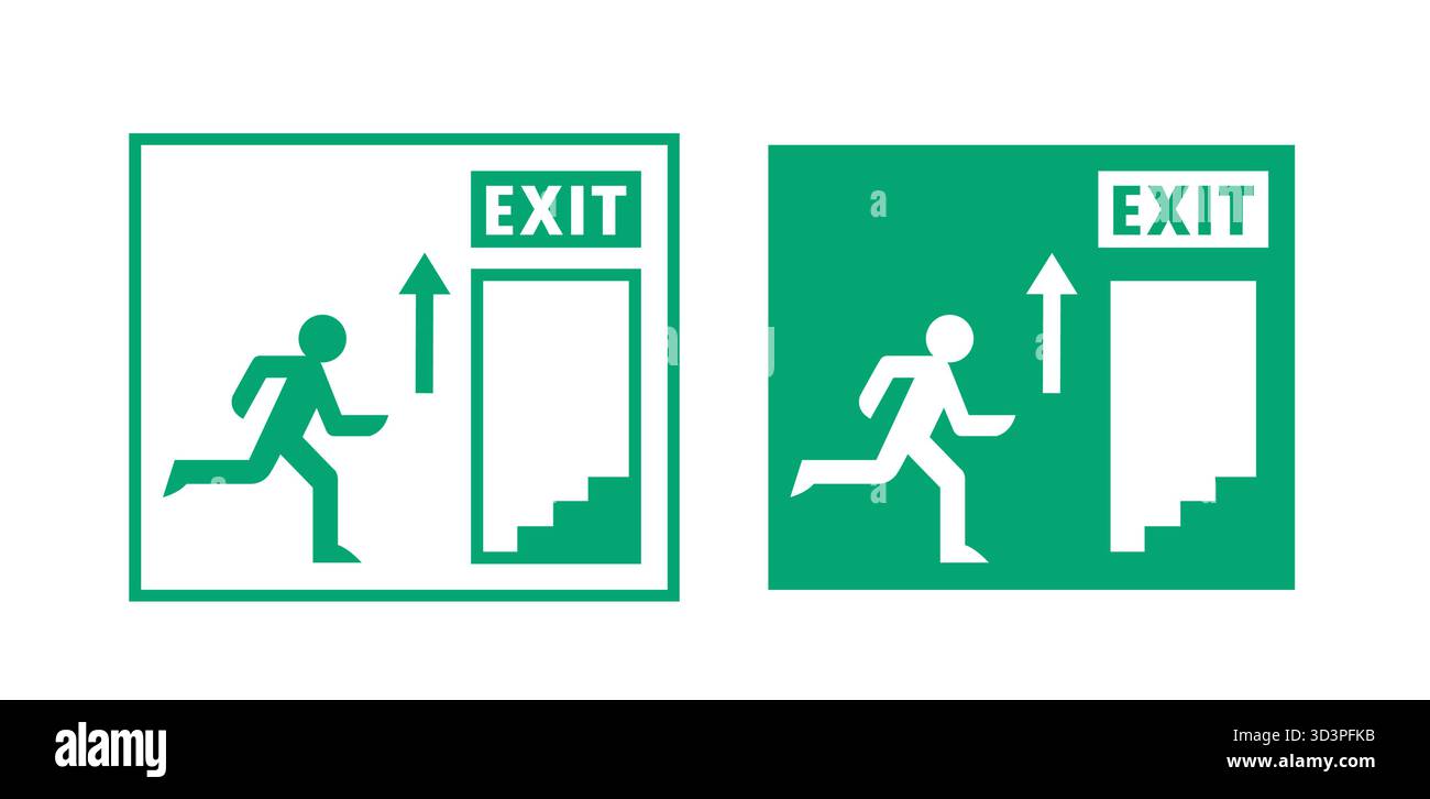 À l'étage, signes de sortie de secours logo vecteur illustration en cours d'exécution homme. Illustration de Vecteur