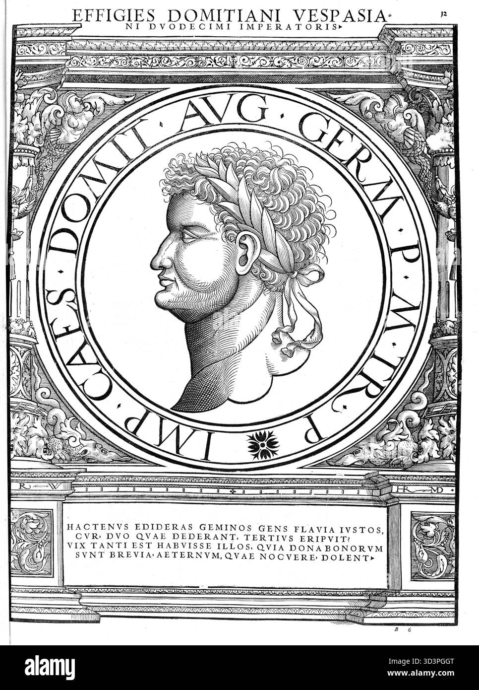 Domitien (né le 24 octobre 51 à Rome, décédé le 18 septembre 96 ibid.) était empereur romain du 14 septembre 81 jusqu'à sa mort, reproduction authentique, restaurée numériquement à partir d'un original du XIXe siècle, date d'enregistrement non indiquée Banque D'Images