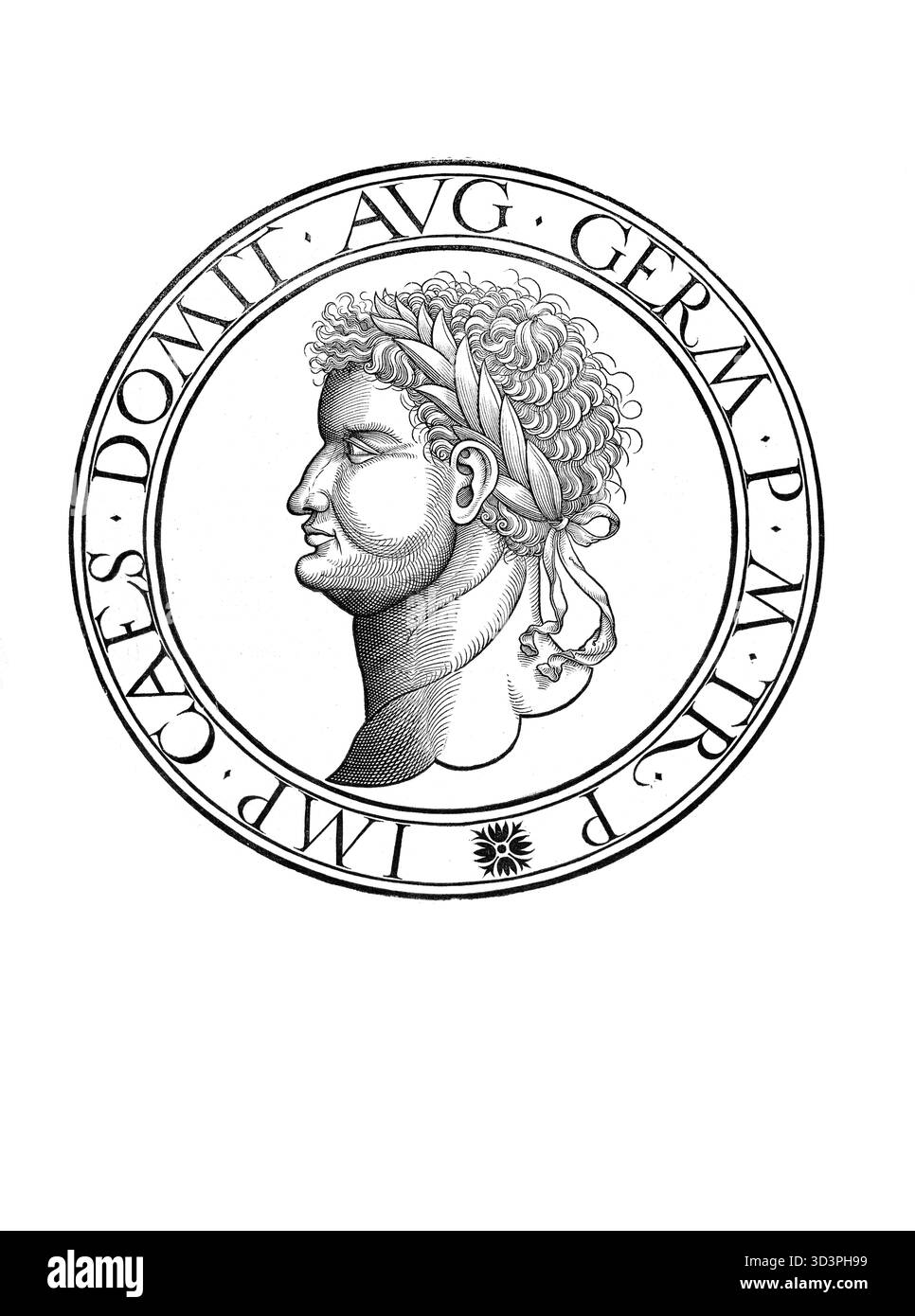 Domitien (né le 24 octobre 51 à Rome, décédé le 18 septembre 96 ibid.) était empereur romain du 14 septembre 81 jusqu'à sa mort, reproduction authentique, restaurée numériquement à partir d'un original du XIXe siècle, date d'enregistrement non indiquée Banque D'Images
