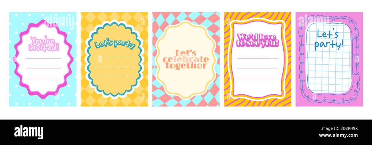 Modèles d'invitation festonnée avec des cadres ondulés et des bordures décoratives sur des arrière-plans colorés à motifs. Cartes de fête joyeuses pour enfants avec des formes ludiques, des lignes vierges, des motifs audacieux dans des couleurs pastel. Illustration de Vecteur
