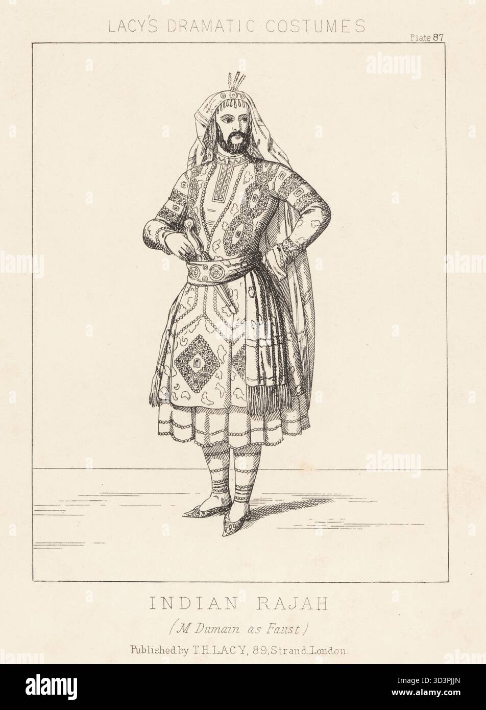 Costume d'un Rajah indien, 1858. En costume comme un Rajah indien. Coiffe avec long train, tunique brodée et jupe, ceinture à ceinture avec pistolet. (Louis-Francois) Dumaine dans le rôle de Faust (sic). Peut-être l'un des trois Indiens du ballet Faust d'Adolphe d'Ennery, 1858. Lithographie de Thomas Hailes Lacy's Male costumes, Historical, National and Dramatic in 200 plates, Londres, 1865. Lacy (1809-1873) était un acteur, dramaturge, directeur de théâtre et éditeur britannique. Banque D'Images