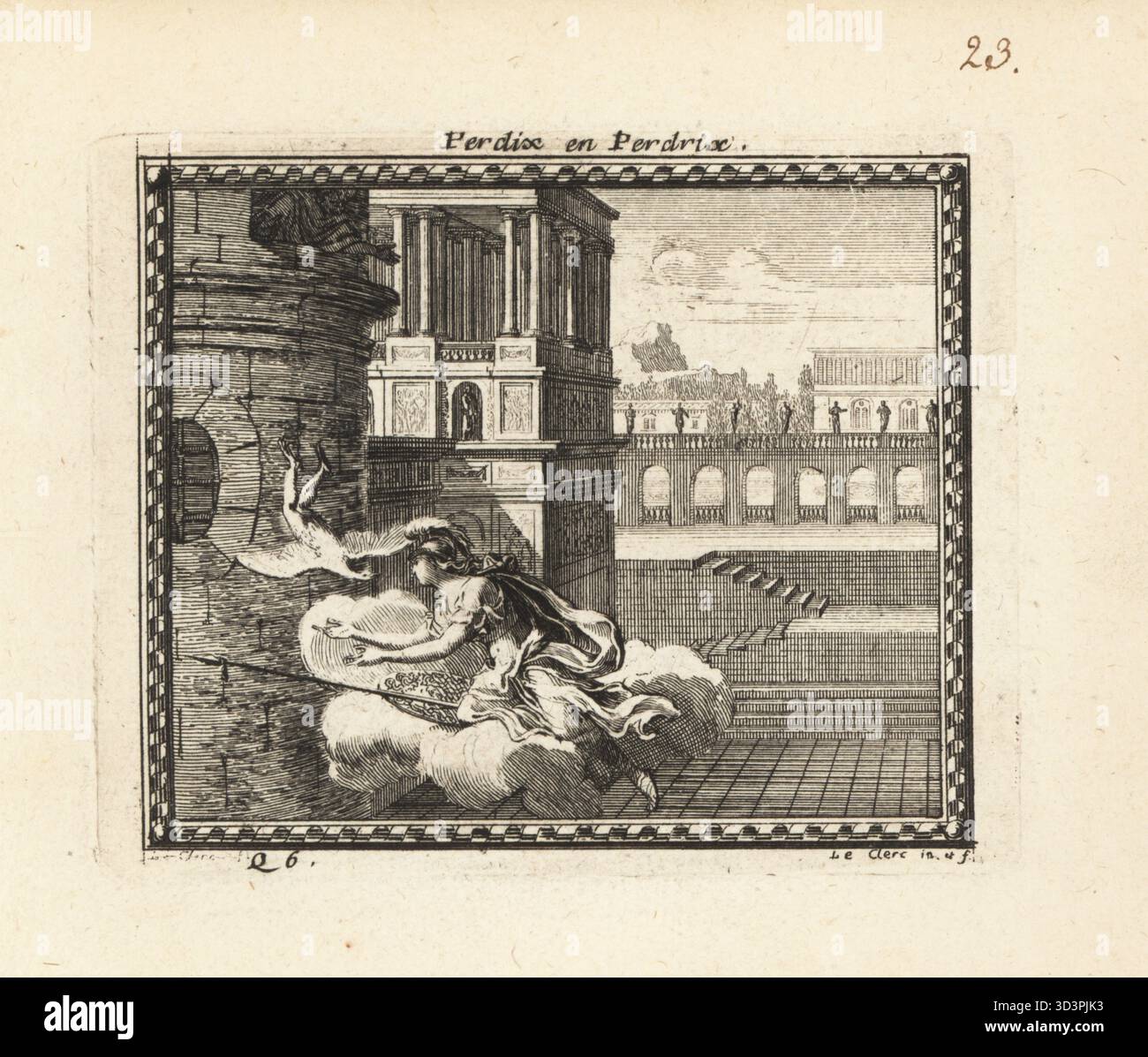 Perdix transformé en perdrix par Minerva. Jaloux Daedalus jette son neveu de génie Perdix d'une fenêtre dans une tour. Perdix était un brillant architecte et inventeur de la scie et de la boussole. La déesse de la guerre Minerve, en casque et armée de lance et de bouclier, attrape Perdix, maintenant un oiseau, tout en flottant sur un nuage. Perdix en Perdrix. Gravure sur cuivre de Sébastien Leclerc de Metamorphoses d'Ovide, gravures pour les Métamorphoses d'Ovide, chez Audran, Paris, 1676. Banque D'Images